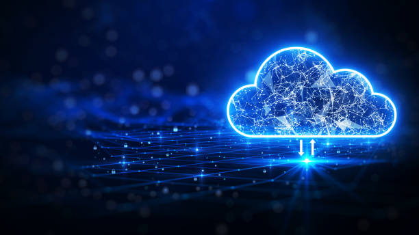 cloud-computing cloud computing. The data transfer and storage concept consists of a white polygonal interconnected structure within it. Dark blue background with small padlocks scattered on the background.